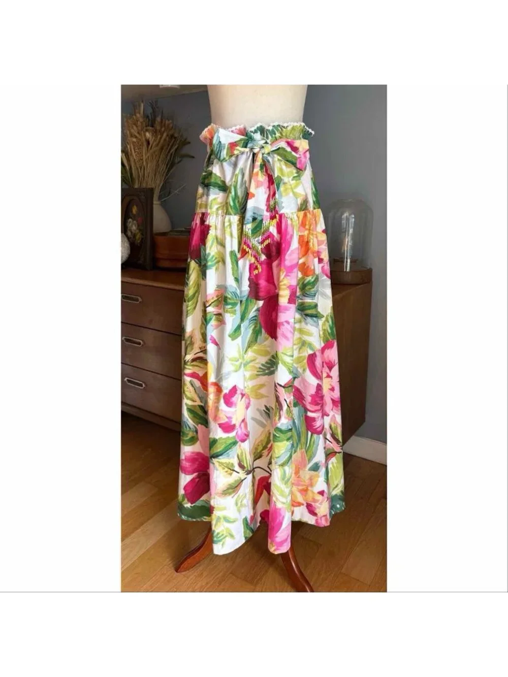 Farm Rio Painted Flowers Maxi Skirt Belted w/ Beaded Fringe Cotton